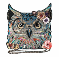 Mary Frances Beaded Spirit Owl Embroidered Leather Multicolor Crossbody Handbag